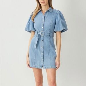 ENTRO Denim Puff Sleeve Belted Shirt Dress Snap Front Mini Medium Wash Size L